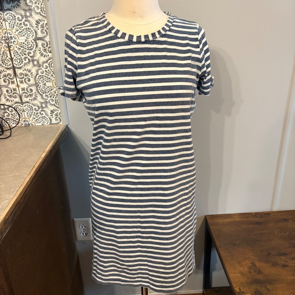 Jane and Delancey Blue White Striped Crewneck Short Sleeve T-Shirt Dress (Small)